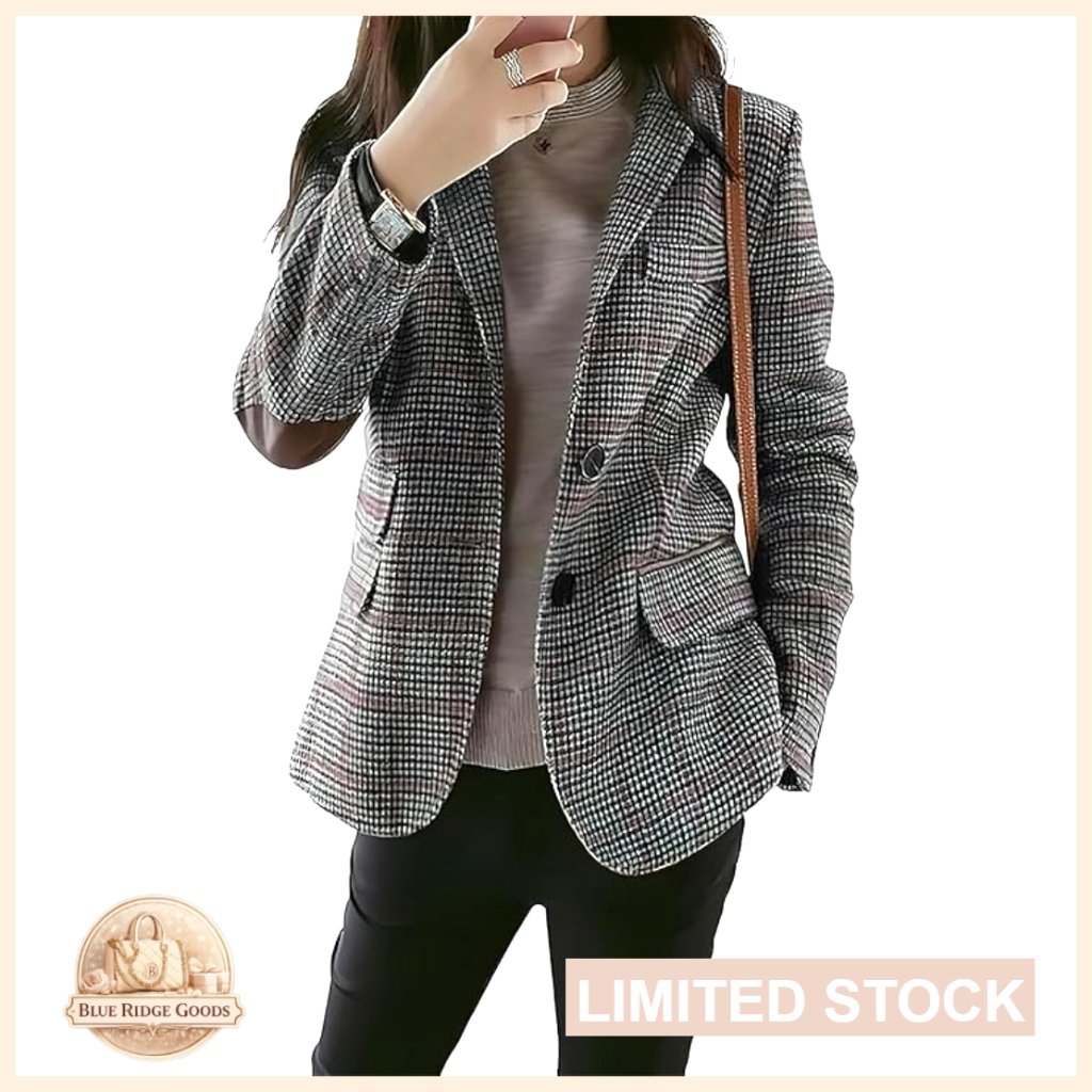 Wool Plaid Blazer Notched Lapel Slim Fit Elbow Patch Vintage Chic